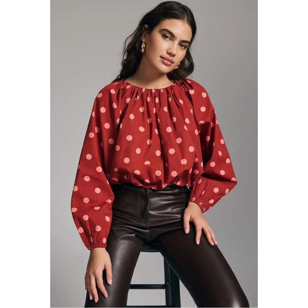 Maeve Anthropologie Red Polka Dot Long Sleeve Crop Top Cotton Size S